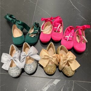 Girls Sparkle & Satin Bow Dress Flats — Pink, Green, Gold, Silver